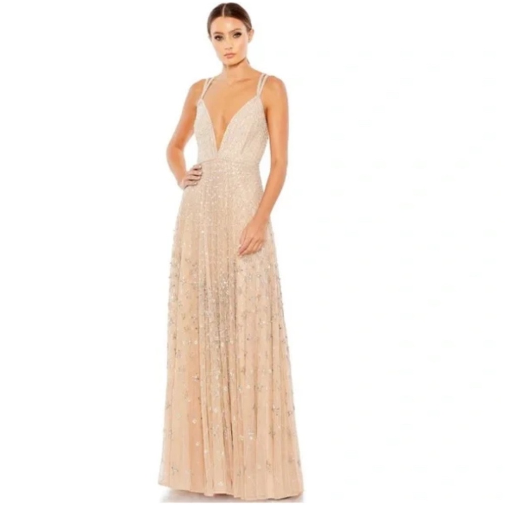 MAC DUGGAL NWT A Line Evening Dress 93701 | Nude Silver